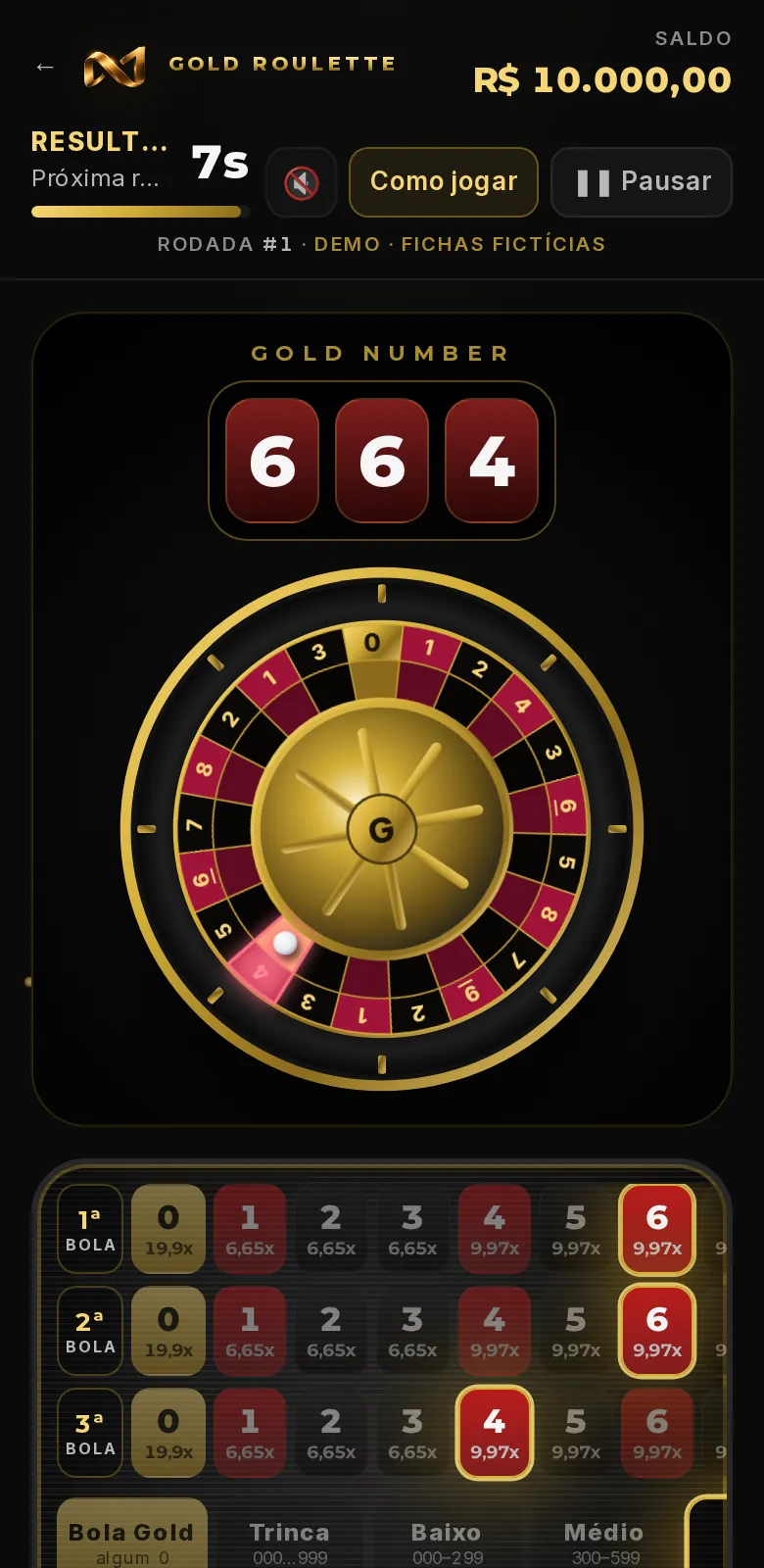 Tela real da demo de Gold Roulette